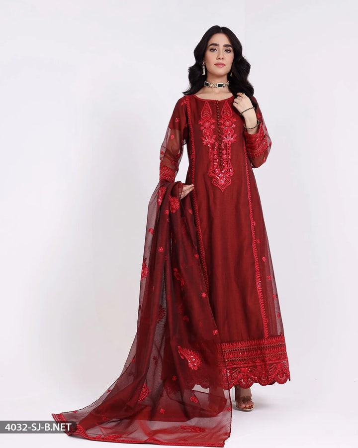 3 Piece Embroidered Maxi | 4032-SJ-B.NET Sha Posh Textile