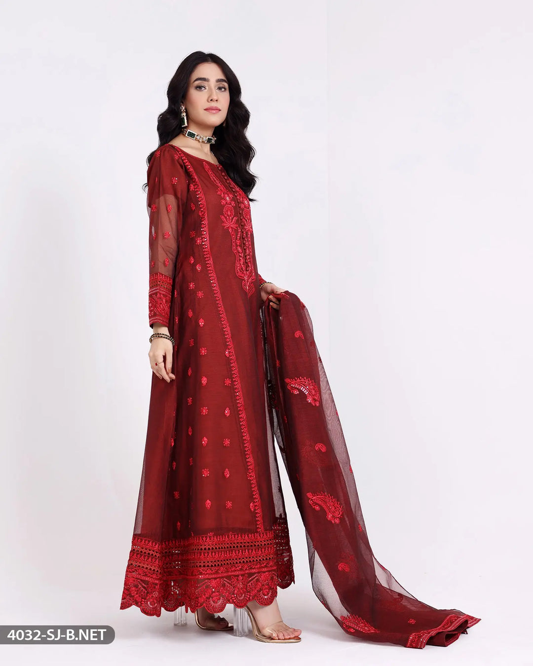 3 Piece Embroidered Maxi | 4032-SJ-B.NET Sha Posh Textile