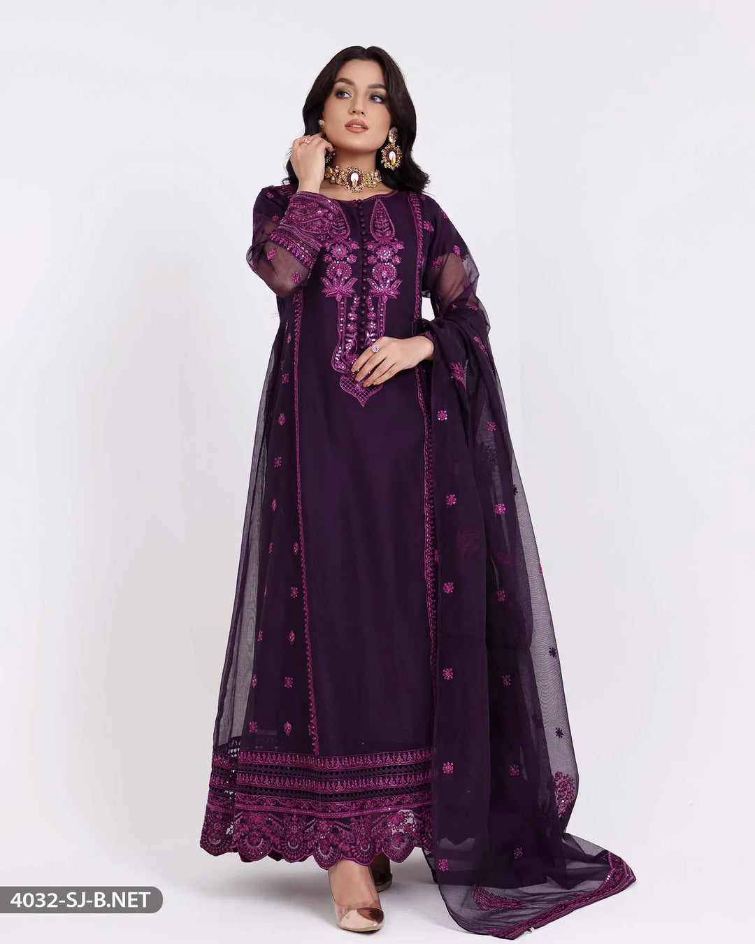 3 Piece Embroidered Maxi | 4032-SJ-B.NET Sha Posh Textile