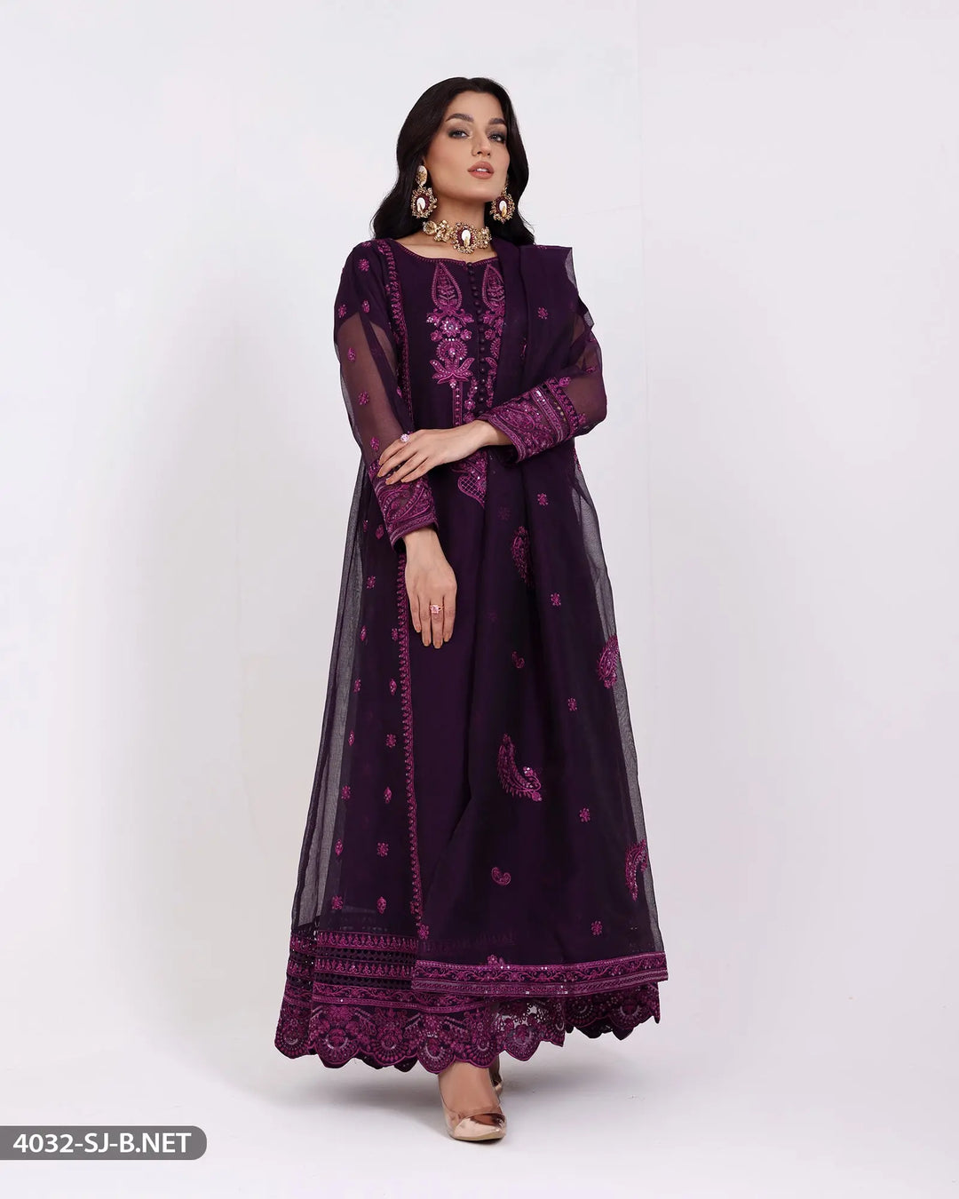 3 Piece Embroidered Maxi | 4032-SJ-B.NET Sha Posh Textile