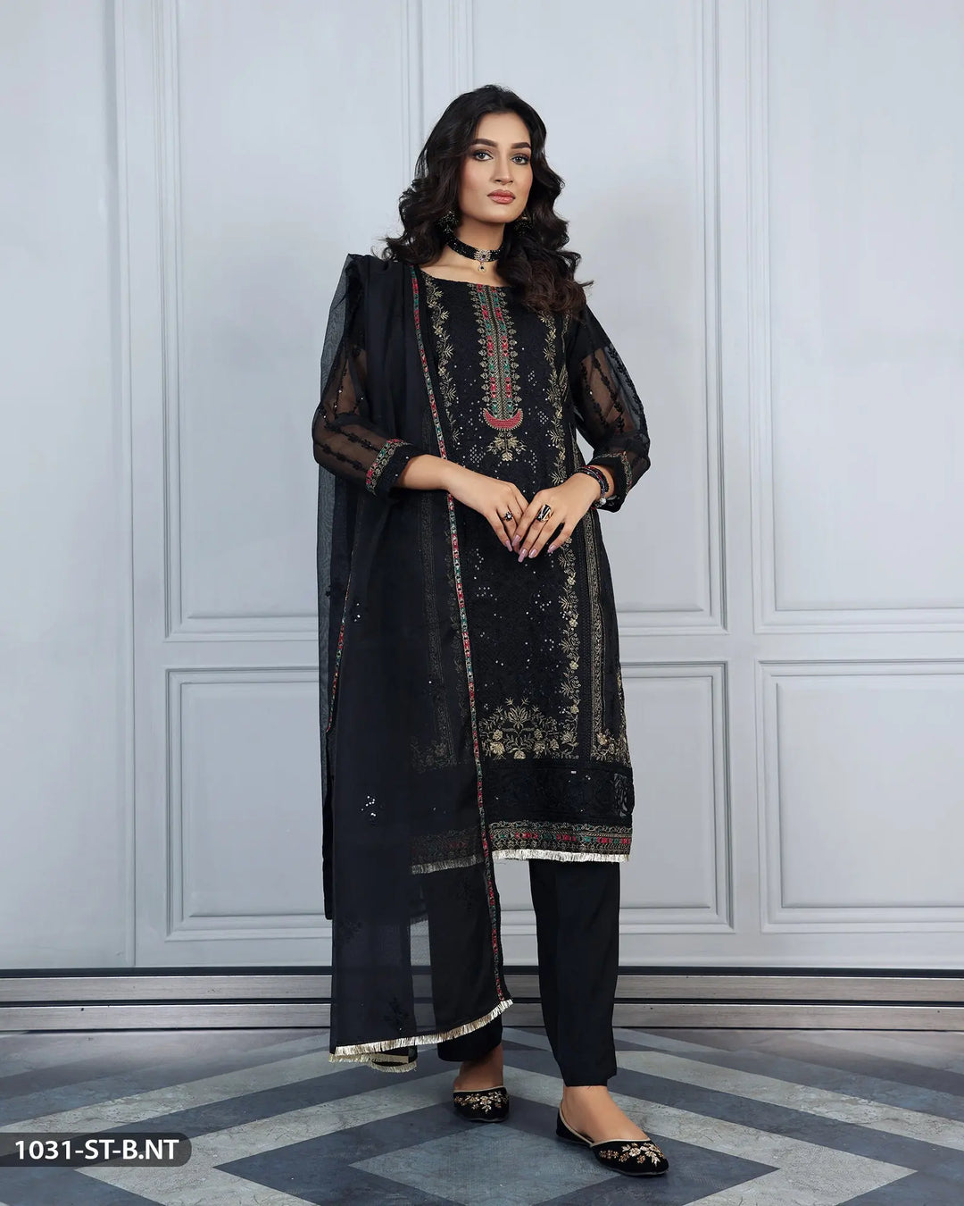 3 Piece Embroidered Suit | 1031-ST-B.NT Sha Posh Textile