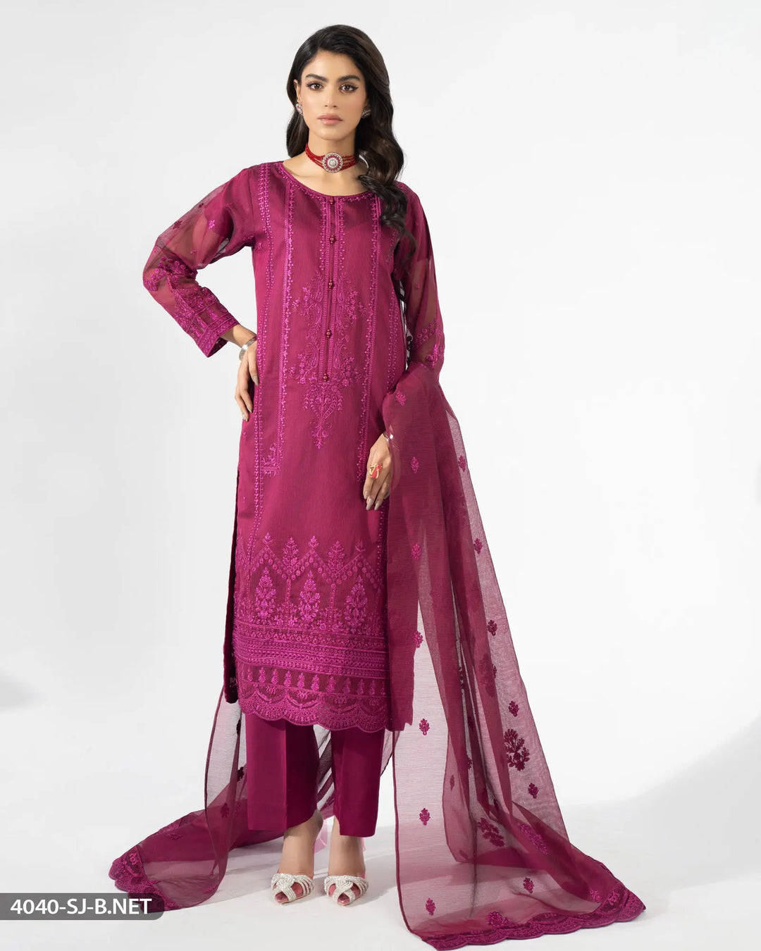 3 Piece Embroidered Suit | 4040-SJ-B.NET Sha Posh Textile