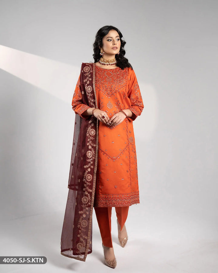 3 Piece Embroidered Suit | 4050-SJ-S.KTN Sha Posh Textile