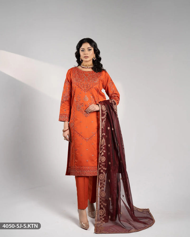 3 Piece Embroidered Suit | 4050-SJ-S.KTN Sha Posh Textile