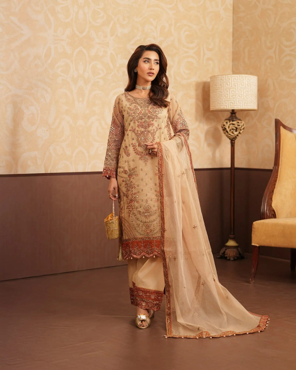 3-Piece Ready-to-Wear Bori Net Suit | 4092-SJ-B.NET - Sha Posh Textile