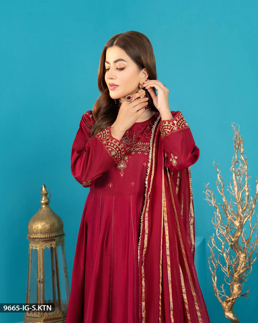 Chambray Katan Embroidered Frock | 9665-IG-S.KTN Sha Posh Textile