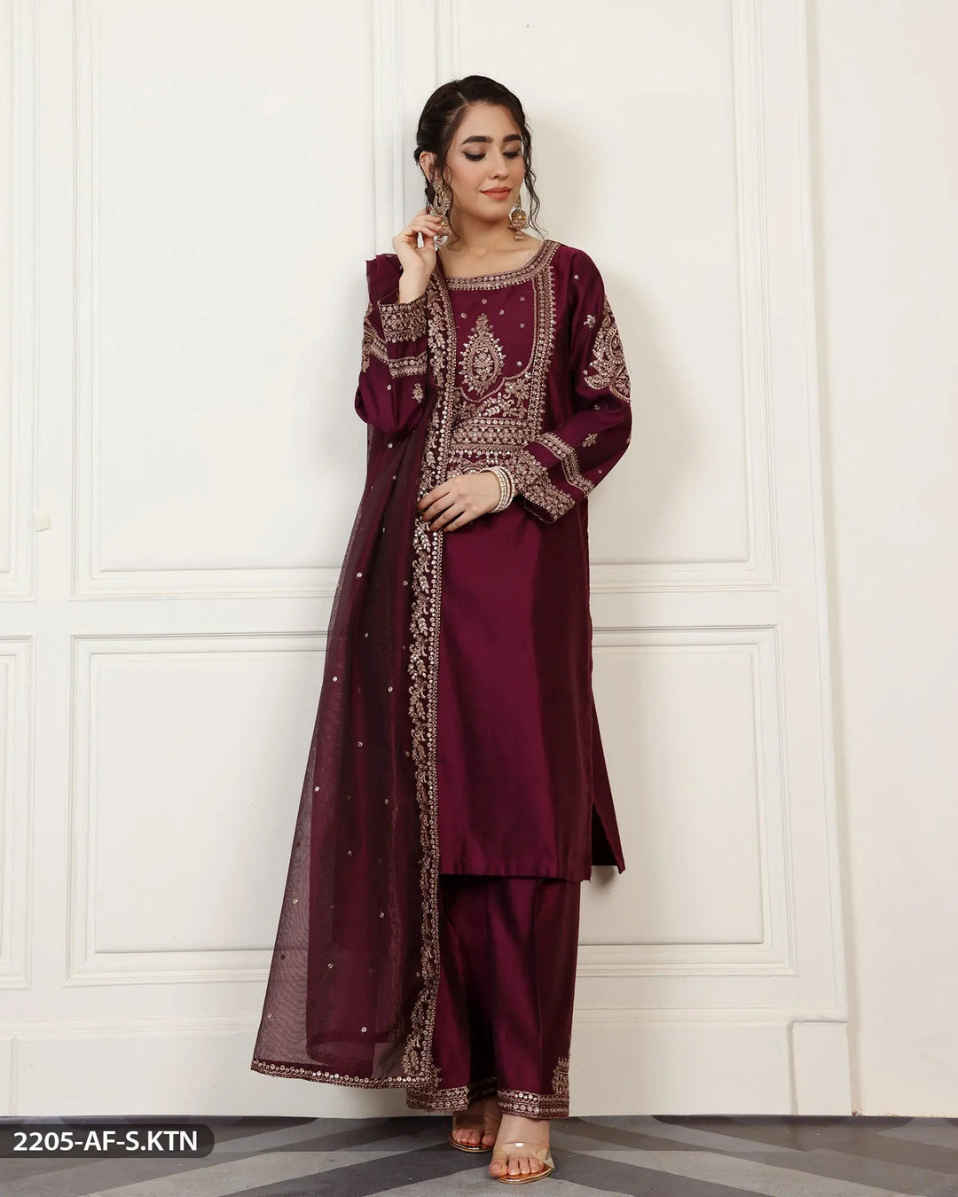 Embroidered Chambray Katan Suit | 2205-AF-S.KTN ShaPosh Textile