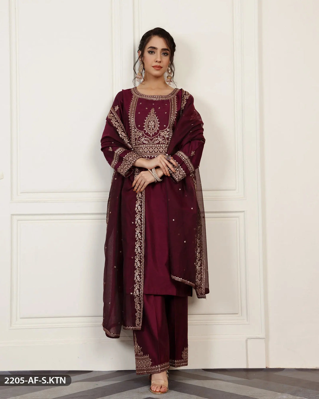 Embroidered Chambray Katan Suit | 2205-AF-S.KTN ShaPosh Textile