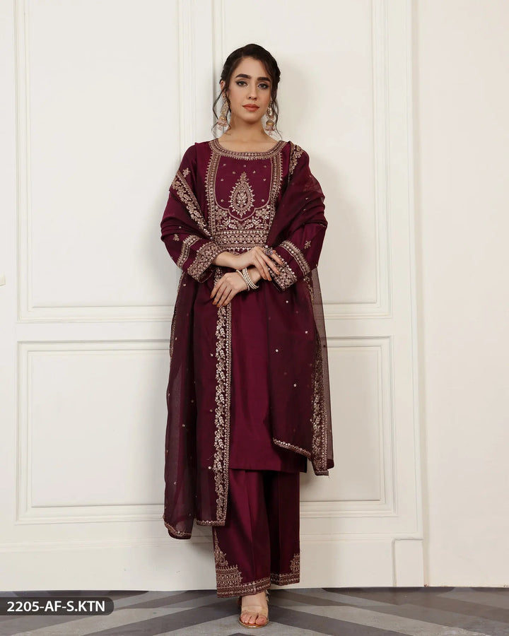 Embroidered Chambray Katan Suit | 2205-AF-S.KTN ShaPosh Textile