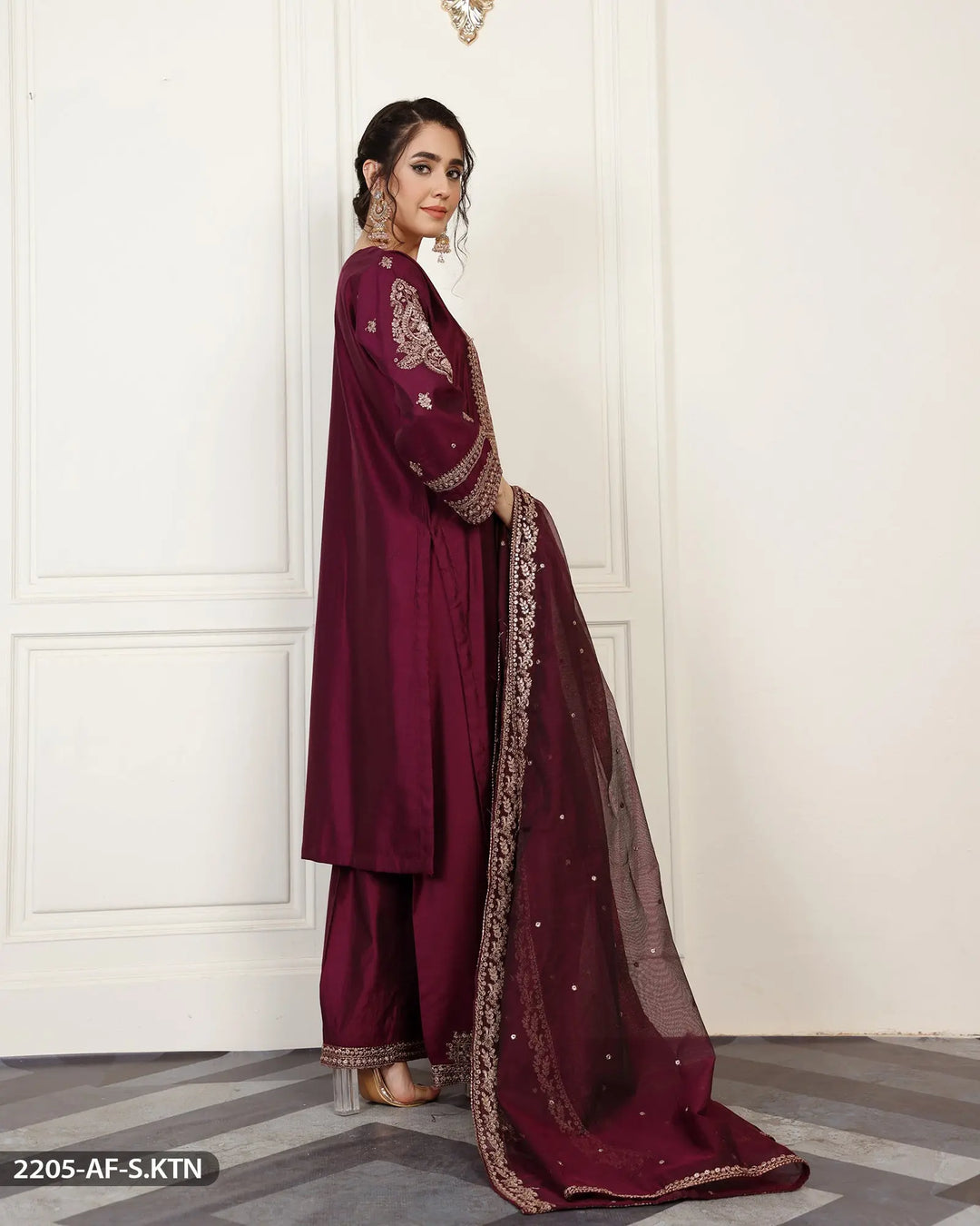 Embroidered Chambray Katan Suit | 2205-AF-S.KTN ShaPosh Textile