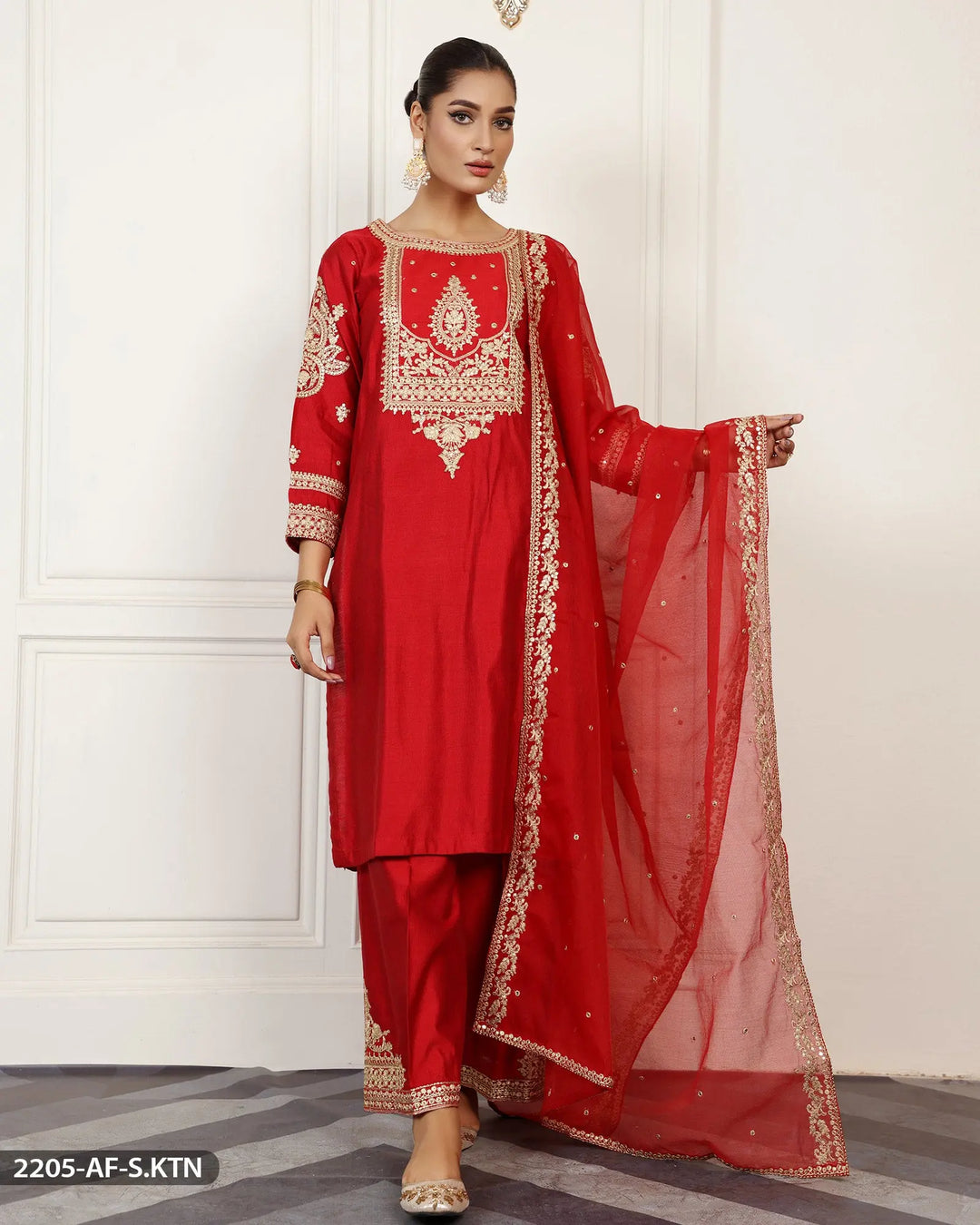 Embroidered Chambray Katan Suit | 2205-AF-S.KTN ShaPosh Textile