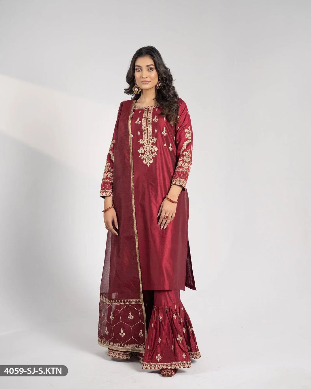 Embroidered Chambray Katan Suit | 4059-SJ-S.KTN Sha Posh Textile