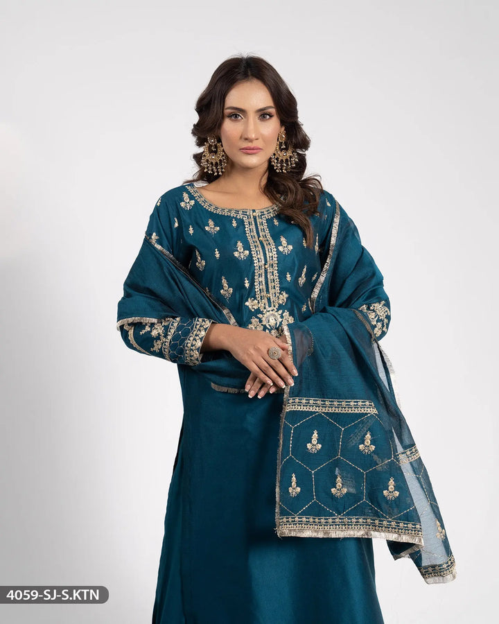 Embroidered Chambray Katan Suit | 4059-SJ-S.KTN Sha Posh Textile