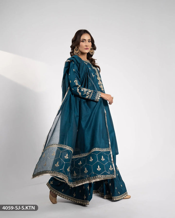 Embroidered Chambray Katan Suit | 4059-SJ-S.KTN Sha Posh Textile