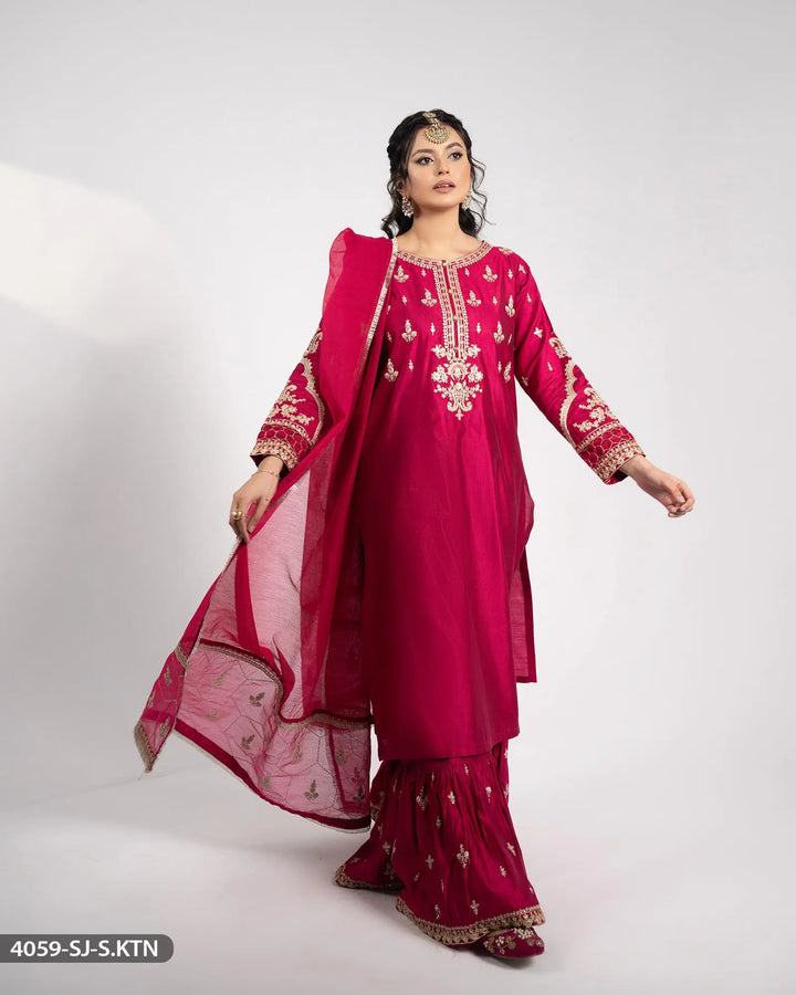 Embroidered Chambray Katan Suit | 4059-SJ-S.KTN Sha Posh Textile