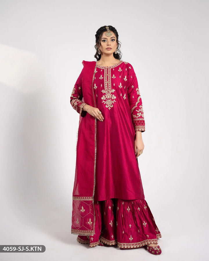 Embroidered Chambray Katan Suit | 4059-SJ-S.KTN Sha Posh Textile