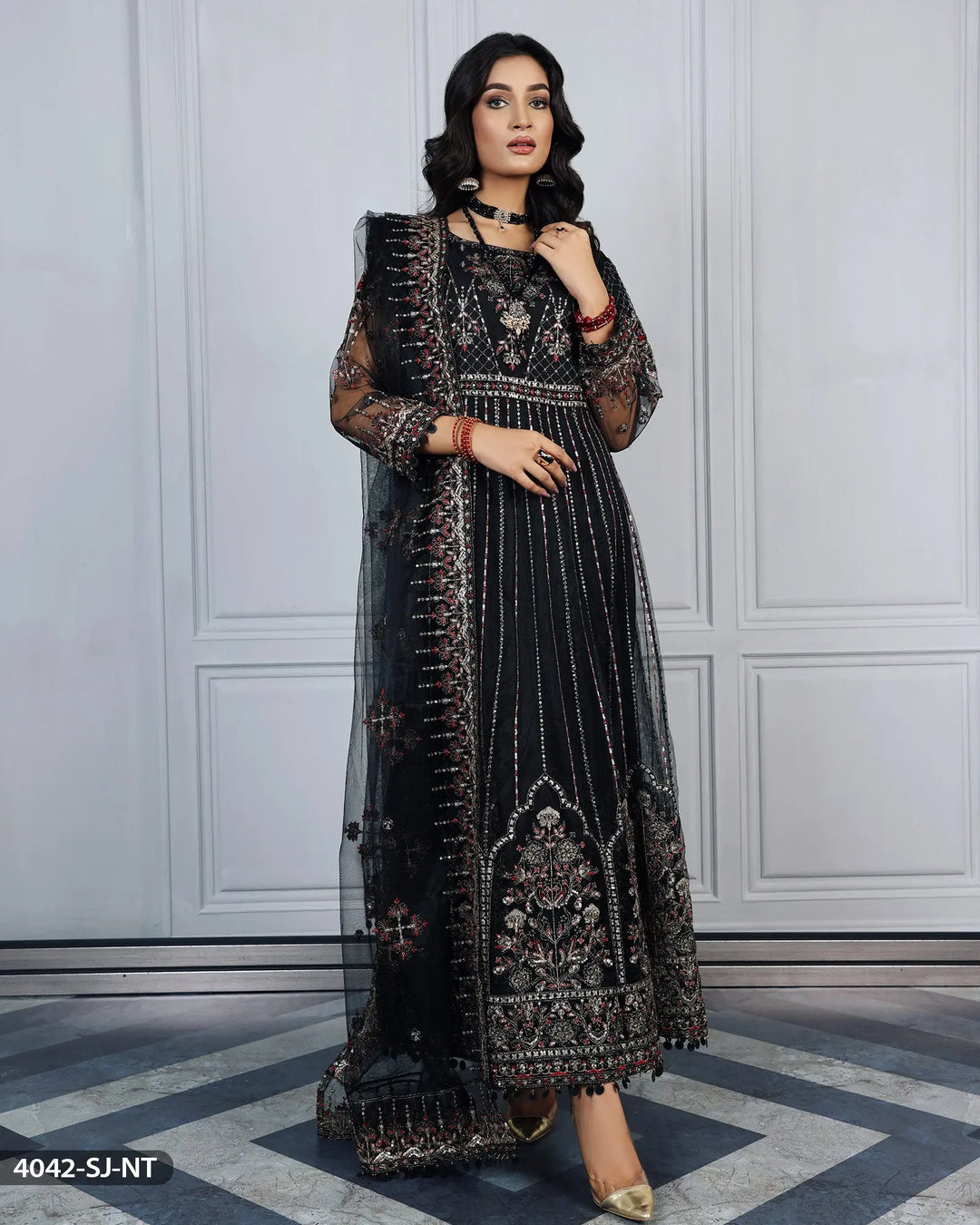 Embroidered Net Maxi | 4042-SJ-NT ShaPosh Textile