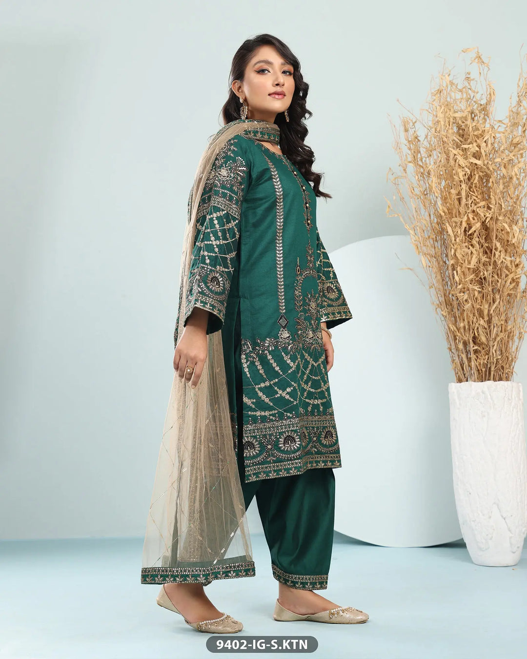 Formal 3 Piece Chambray Katan Suit with Tilla Embroidered (Stitched) | 9402-IG-S.KTN ShaPosh Textile