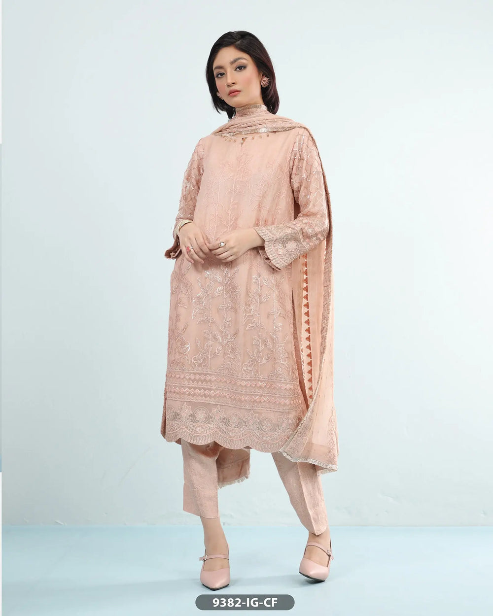 Formal 3 Piece Chiffon Dress with Embroidered (Stitched) | 9382-IG-CF ShaPosh Textile