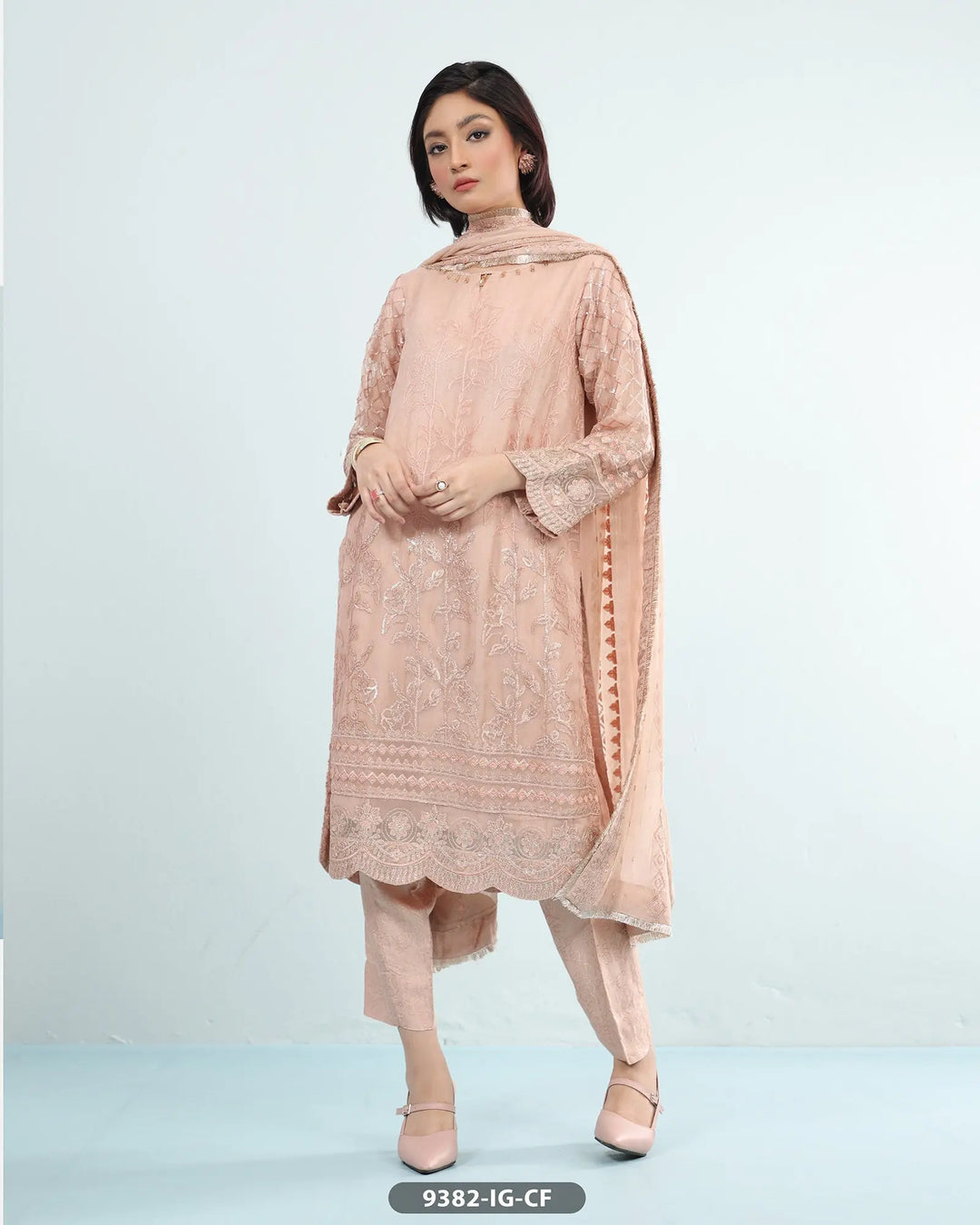 Formal 3 Piece Chiffon Dress with Embroidered (Stitched) | 9382-IG-CF ShaPosh Textile