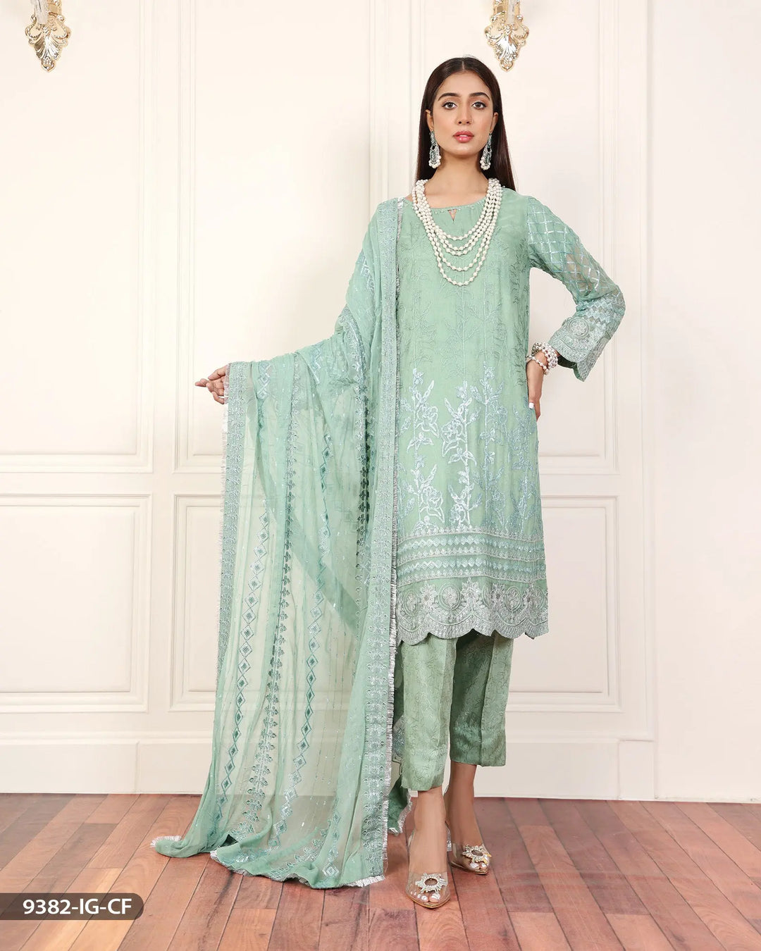 Formal 3 Piece Chiffon Dress with Embroidered (Stitched) | 9382-IG-CF ShaPosh Textile