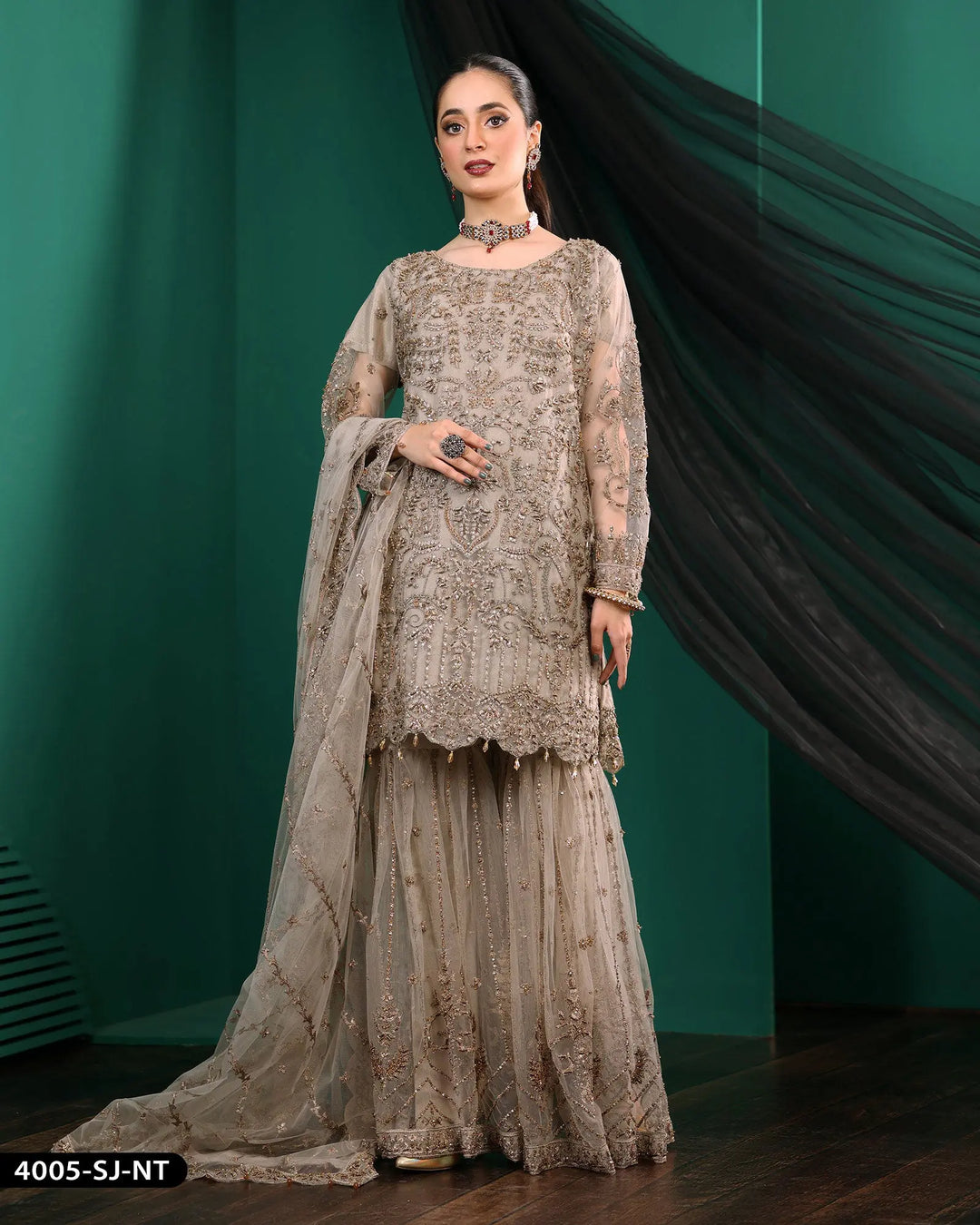 Formal 3 Piece Embroidered Wedding Dress With Garara | 4005-SJ-NT ShaPosh Textile