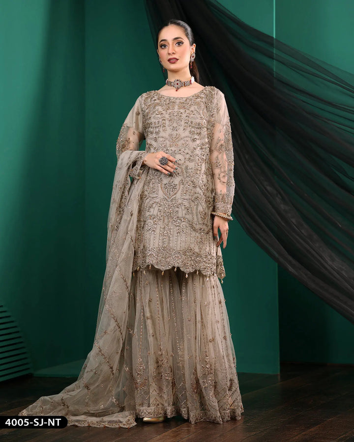 Formal 3 Piece Embroidered Wedding Dress With Garara | 4005-SJ-NT ShaPosh Textile