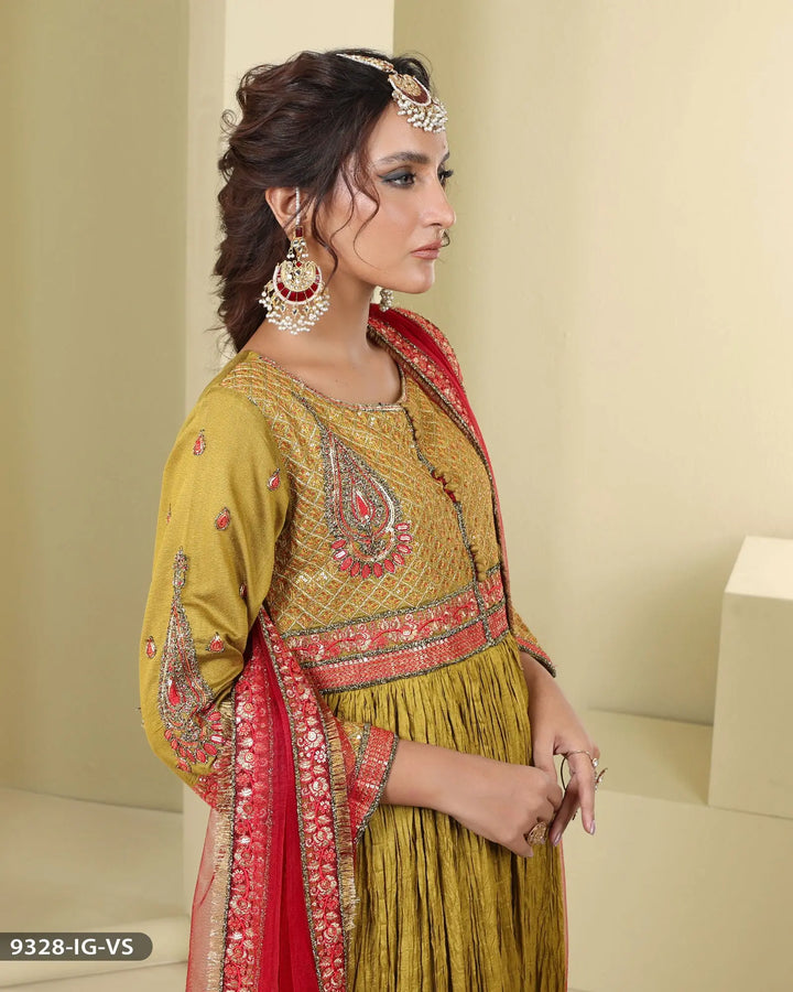 Formal Frock Style 3 Piece Embroidered suit (Stitched) | 9328-IG-S.KTN ShaPosh Textile