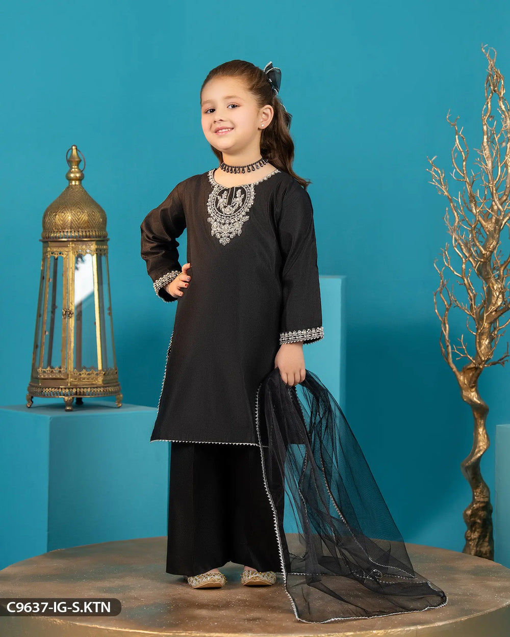 Kids Embroidered Chambray Katan Suit | 9637-IG-S.KTN ShaPosh Textile