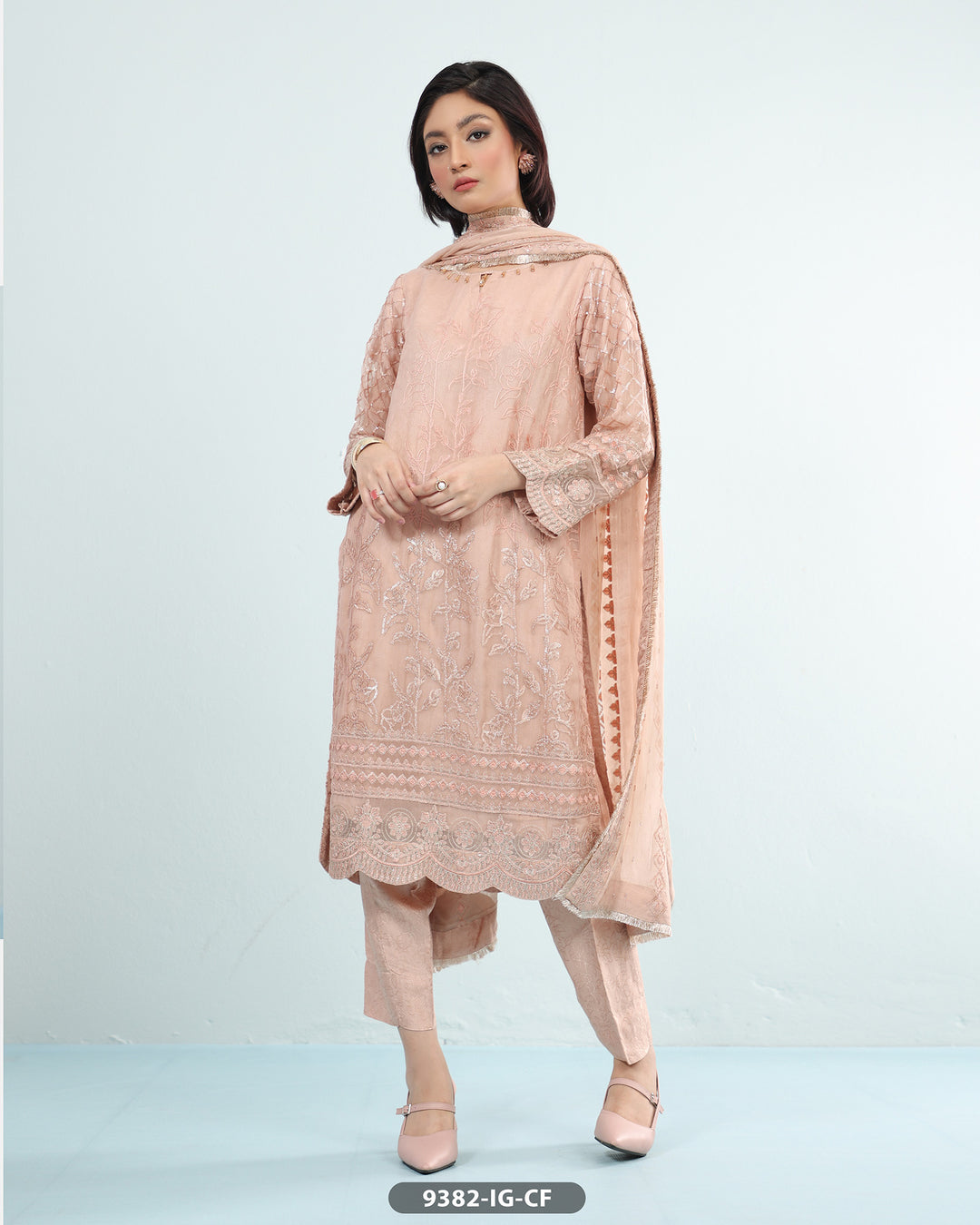 Formal 3 Piece Chiffon Dress with Embroidered (Stitched) | 9382-IG-CF