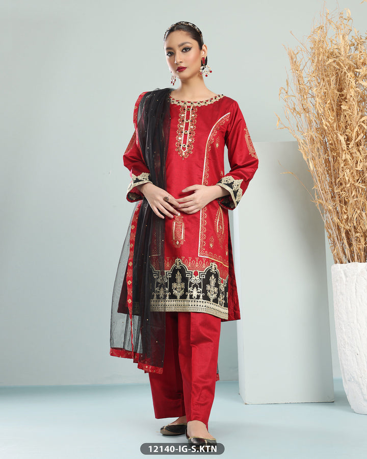 Embroidered Three Piece Chambray Katan-Suit | 12140-IG-S.KTN