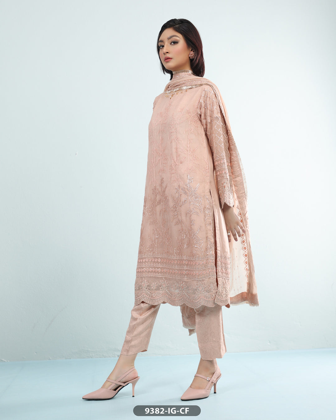 Formal 3 Piece Chiffon Dress with Embroidered (Stitched) | 9382-IG-CF