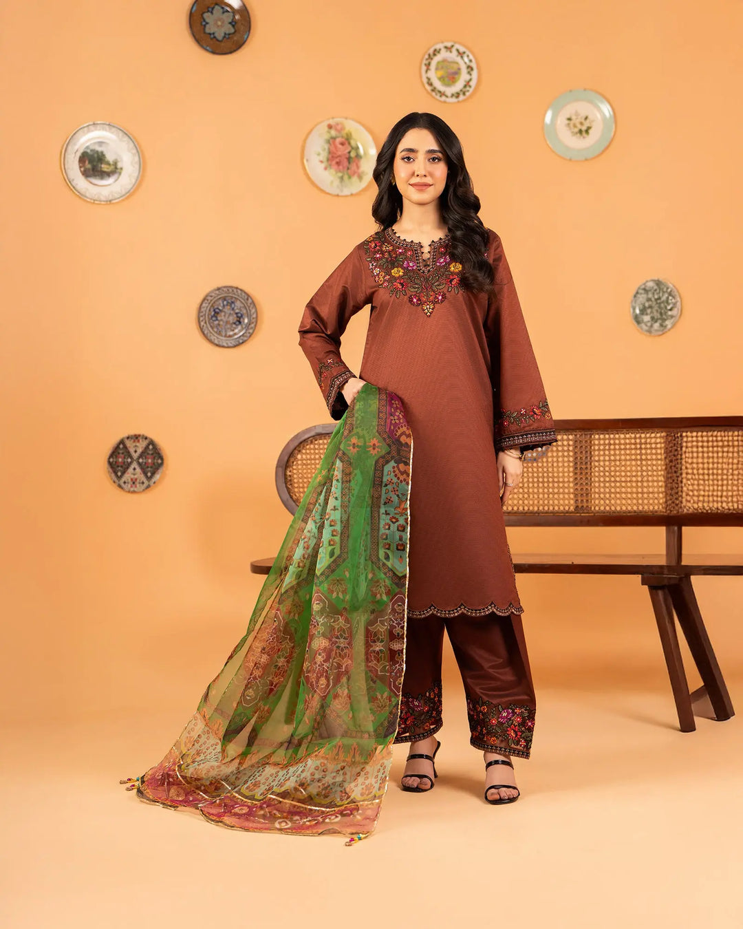 3 Piece Chambray Katan Suit Stitched | 1304-NA-S.KTN - Sha Posh Textile