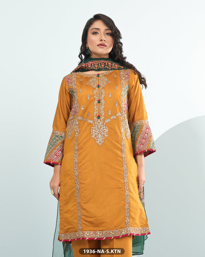 3 Piece Chambray Katan Embroidered| 1936-NA-S.KTN