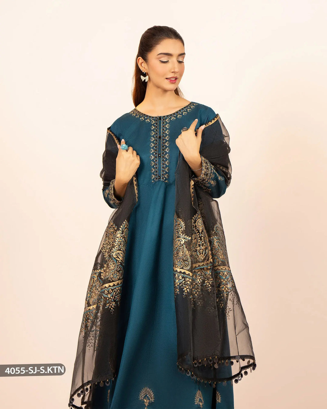 Stitched 3 Piece Chambray Katan Maxi | 4055-SJ-S.KTN Sha Posh Textile