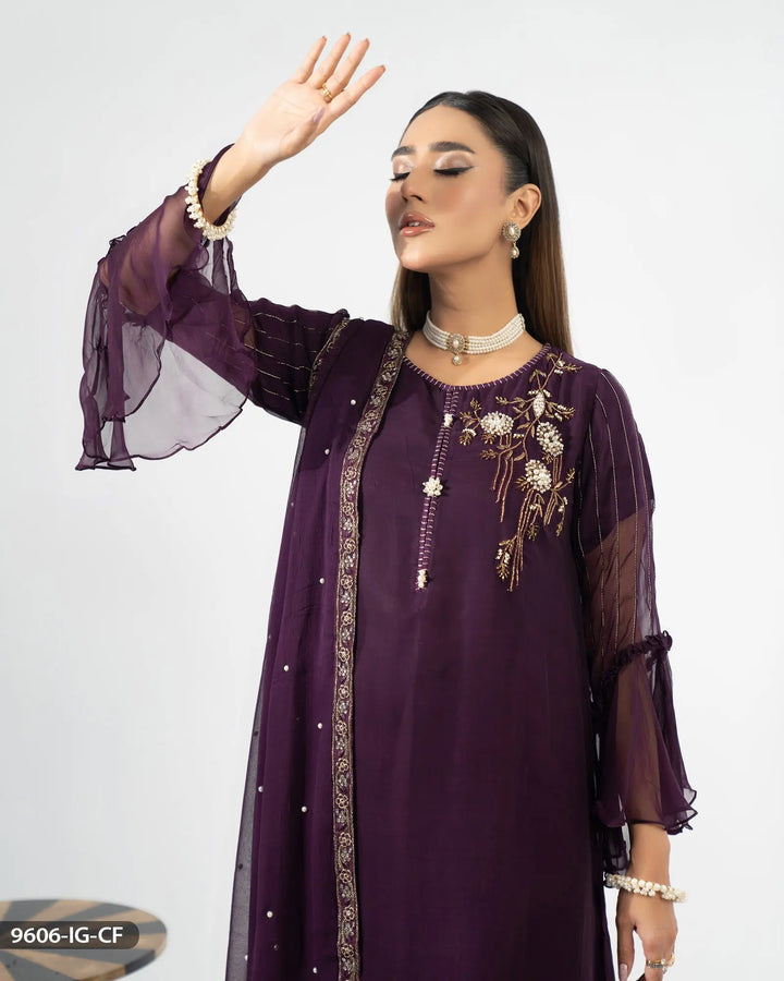 Stitched 3 Piece Chiffon Frock | 9606-IG-CF ShaPosh Textile