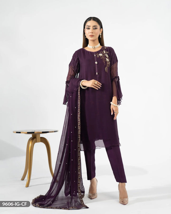 Stitched 3 Piece Chiffon Frock | 9606-IG-CF ShaPosh Textile