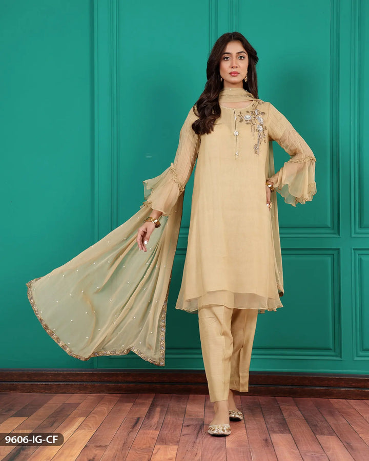 Stitched 3 Piece Chiffon Frock | 9606-IG-CF ShaPosh Textile