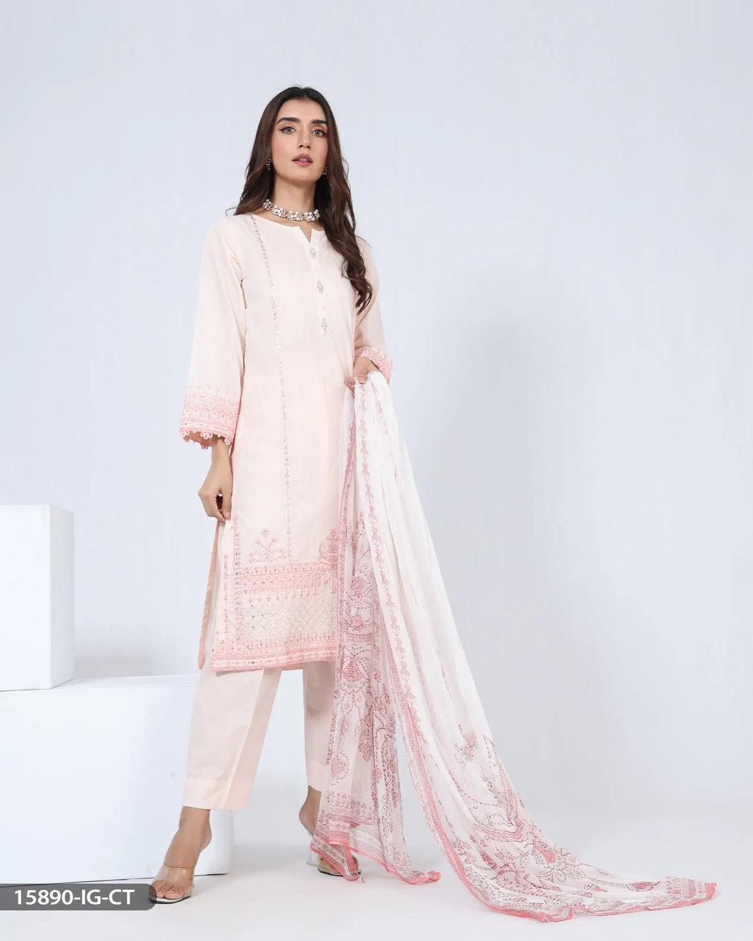 Stitched 3 Piece Embroidered Cotton Suit | 15890-IG-R.CT ShaPosh Textile