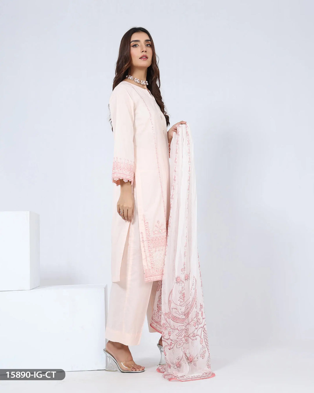 Stitched 3 Piece Embroidered Cotton Suit | 15890-IG-R.CT ShaPosh Textile