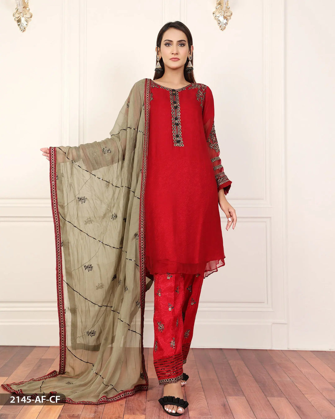 Stitched 3 Piece Embroidered Frock | 2145-AF-CF Sha Posh Textile