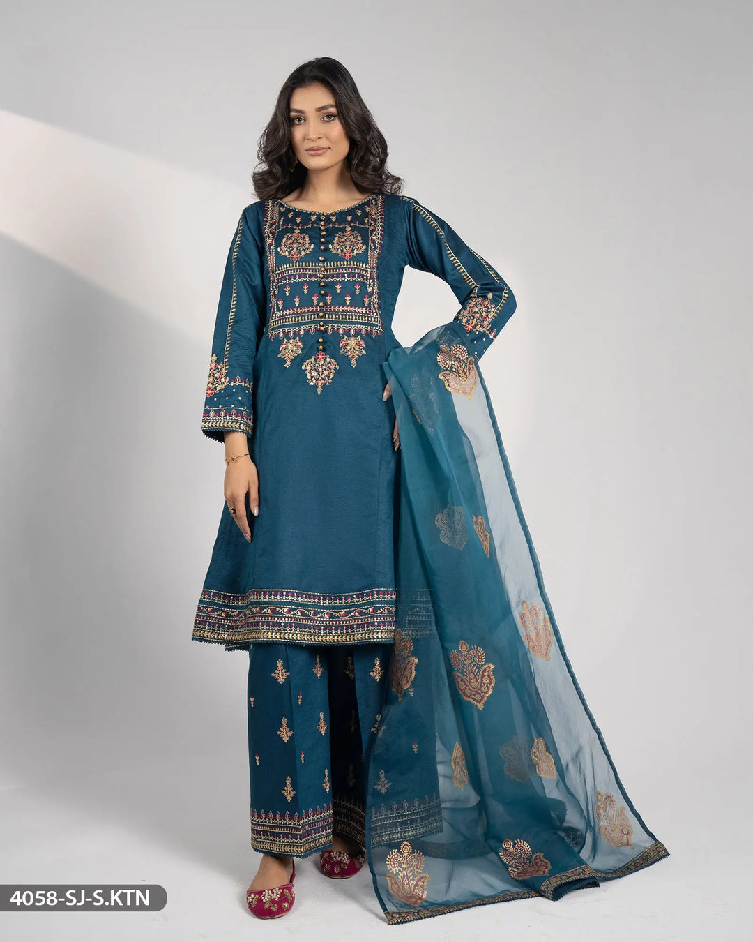 Stitched 3 Piece Embroidered Frock | 4058-SJ-S.KTN Sha Posh Textile