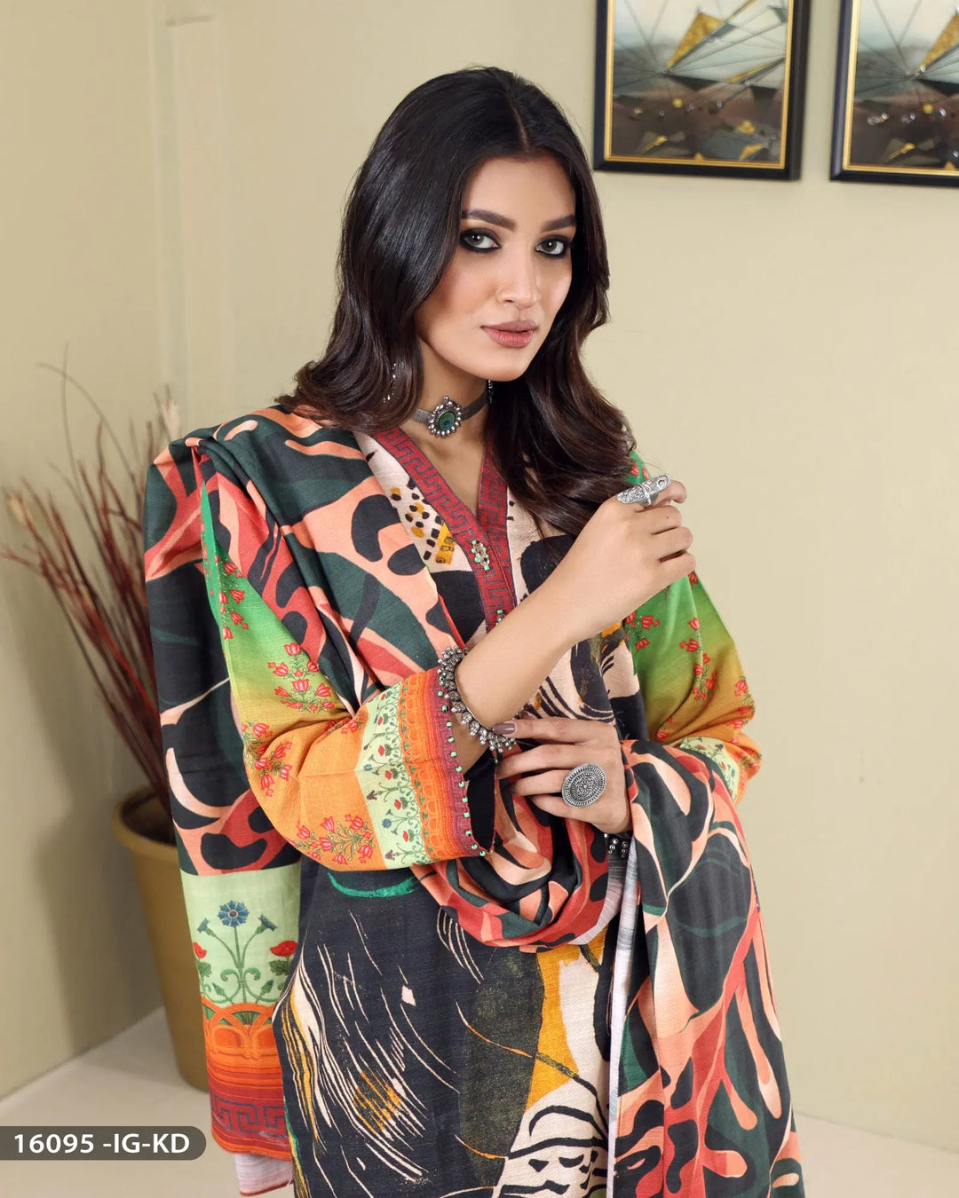 Three Piece Khadar Printed-Suit | 16095-IG-KD ShaPosh Textile