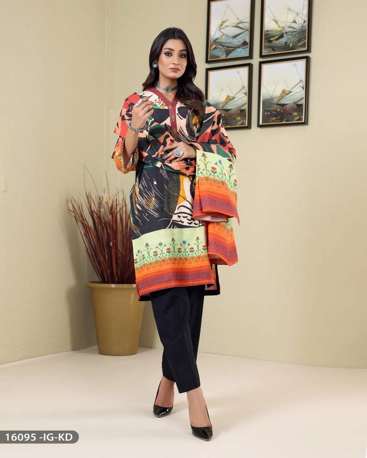 Three Piece Khadar Printed-Suit | 16095-IG-KD ShaPosh Textile