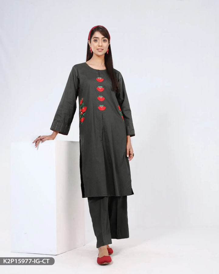 Embroidered 2 Piece Cotton Suit | 15977-IG-R.CT ShaPosh Textile