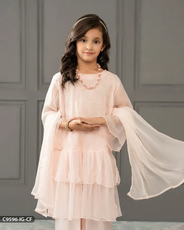 Kids 3 Piece Chiffon Embroidered Frock | 9596-IG-CF ShaPosh Textile