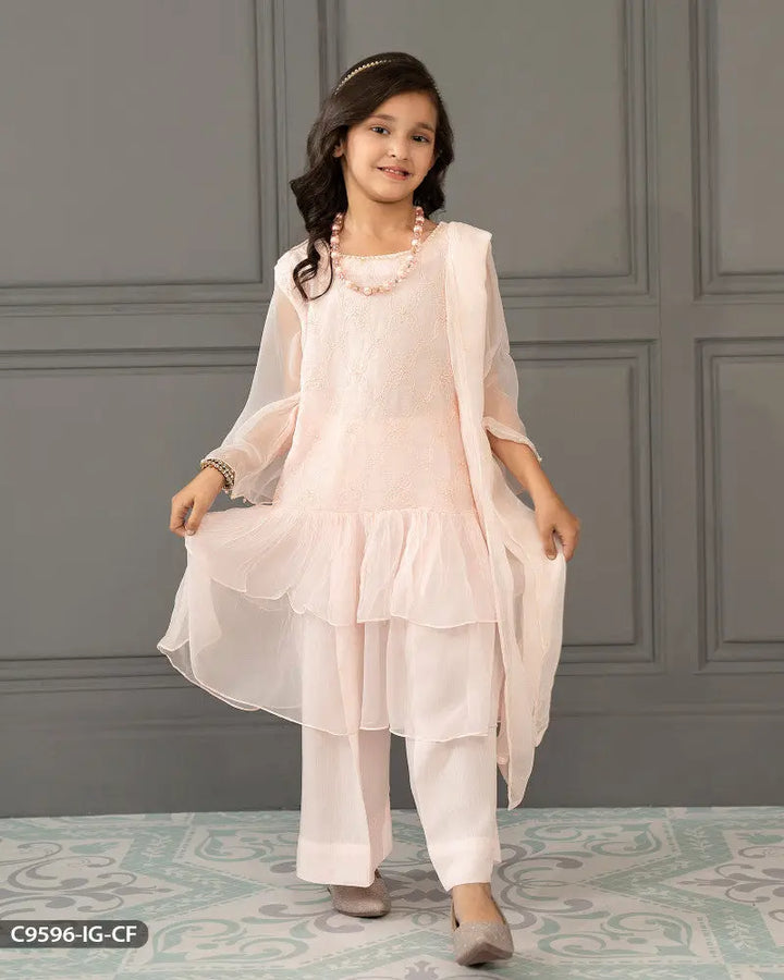 Kids 3 Piece Chiffon Embroidered Frock | 9596-IG-CF ShaPosh Textile