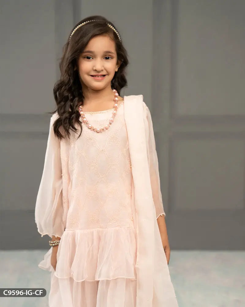 Kids 3 Piece Chiffon Embroidered Frock | 9596-IG-CF ShaPosh Textile