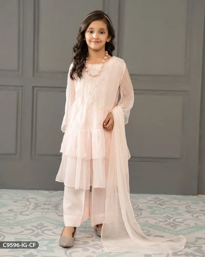 Kids 3 Piece Chiffon Embroidered Frock | 9596-IG-CF ShaPosh Textile