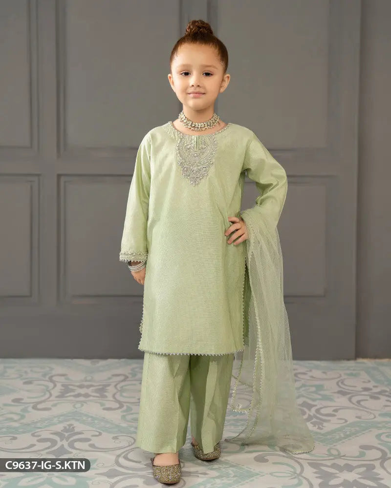 Kids Embroidered Chambray Katan Suit | 9637-IG-S.KTN ShaPosh Textile